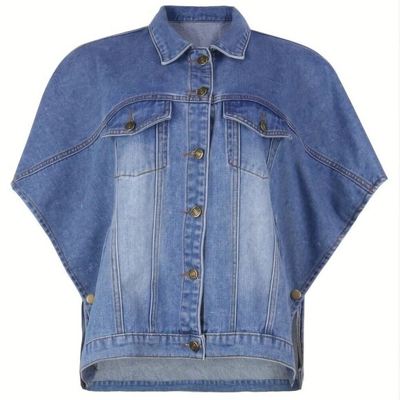 Blue Sexy Women's Pure Color Wash Button Short Sleeve Slim-Fitting Jeans Blouse - Picture 3 of 4